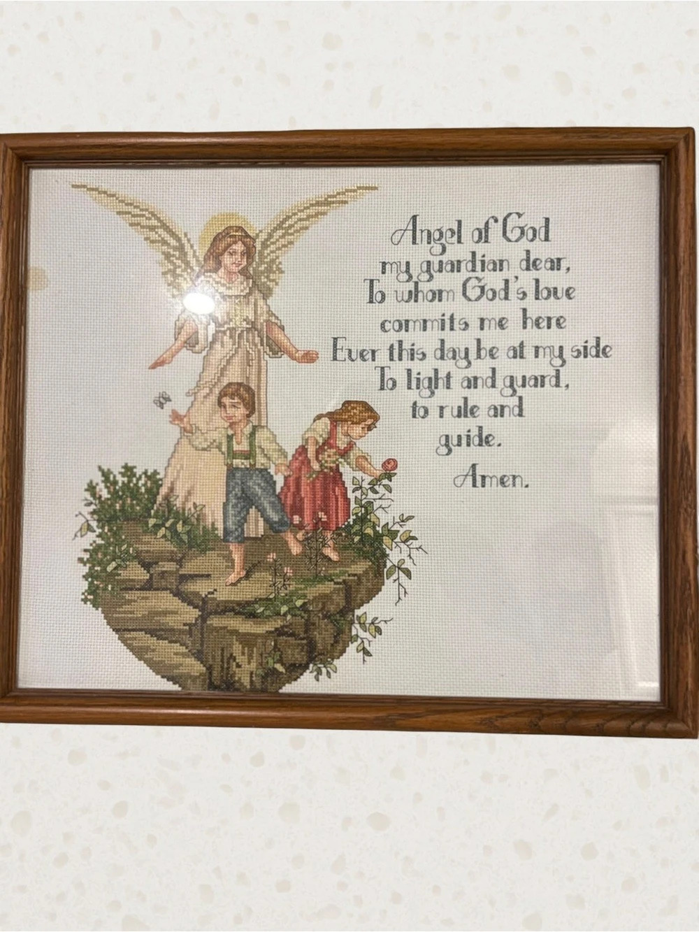 Up Against Your Wall Angel of God cross-stitch Framed Fiber Art Brown & Beige